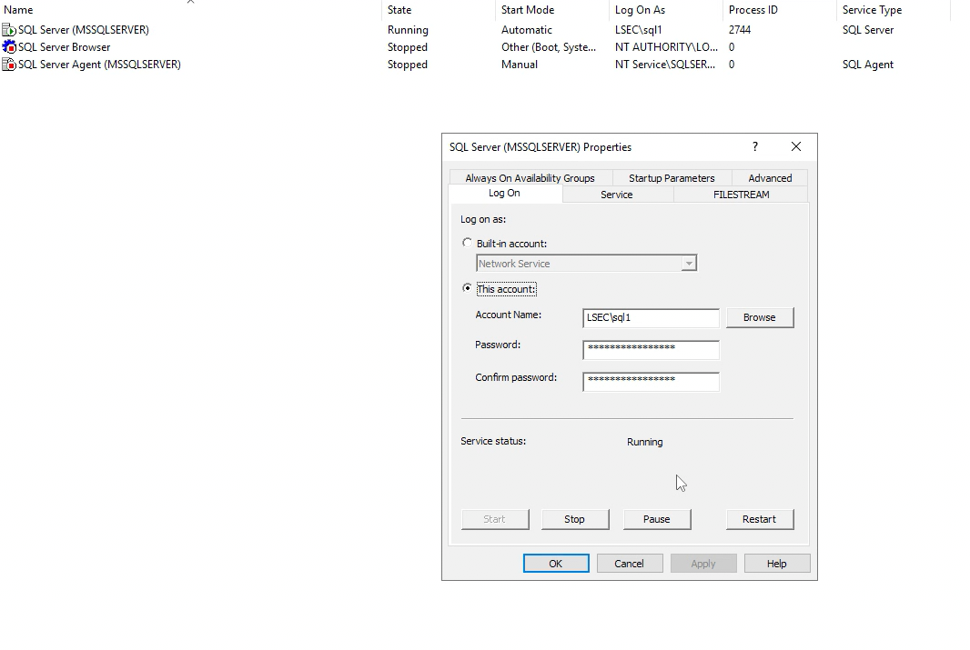 Database running as LSEC\sql1