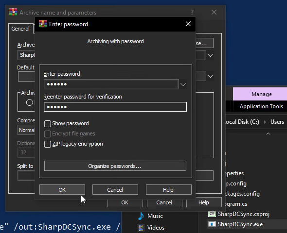 Adding the binary to a password protected zip