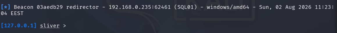 Fresh beacon from SQL01 landing in Sliver via the redirector