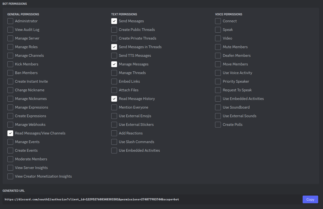 Bot permissions settings