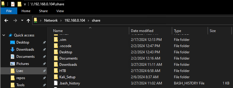 Accessing the shared folder via file explorer