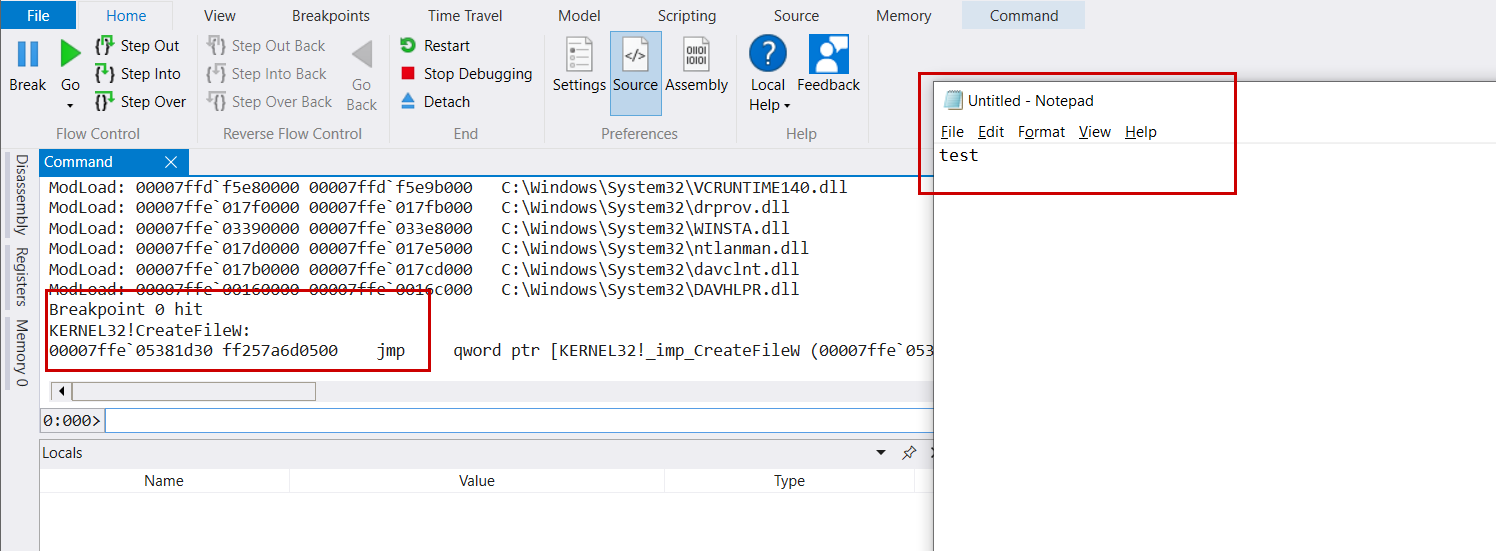 notepad.exe calling CreateFileW upon file save, debugged with WinDBG