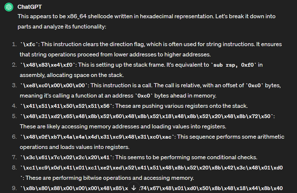 ChatGPT analyzing calc shellcode from msfvenom in hex format