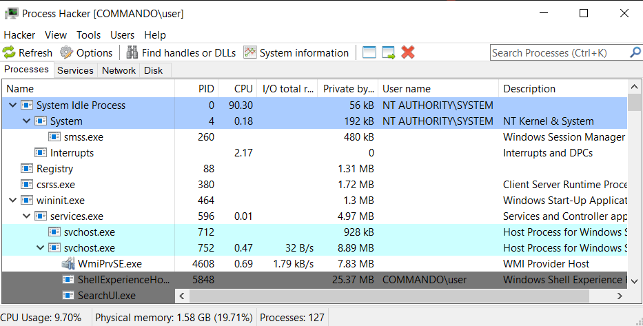 Running processes on Windows 10 machine, viewed from Process Hacker 2