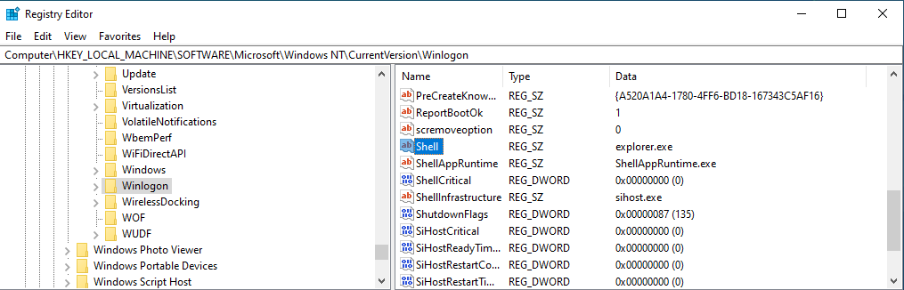 Default value of HKEY_LOCAL_MACHINE\SOFTWARE\Microsoft\Windows NT\CurrentVersion\Winlogon\Shell