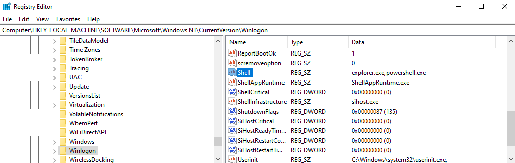 Shell key now contains powershell.exe payload