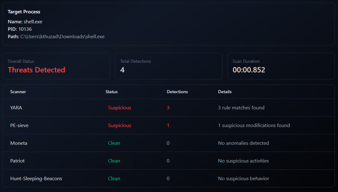 Scanning reverse shell process with ID 10136