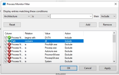 Filtering DVTA process and all DLL imports